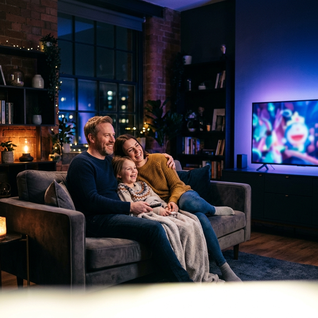 Family watching bamotv8k IPTV on TV