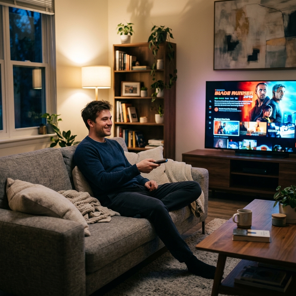 Man choosing a bamotv8k plan on TV